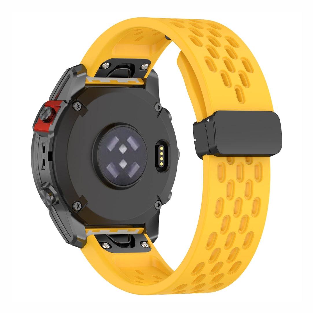 Rear view of yellow Sport QuickFit Silicone Strap for GARMIN with perforated silicone and QuickFit connector for easy installation.