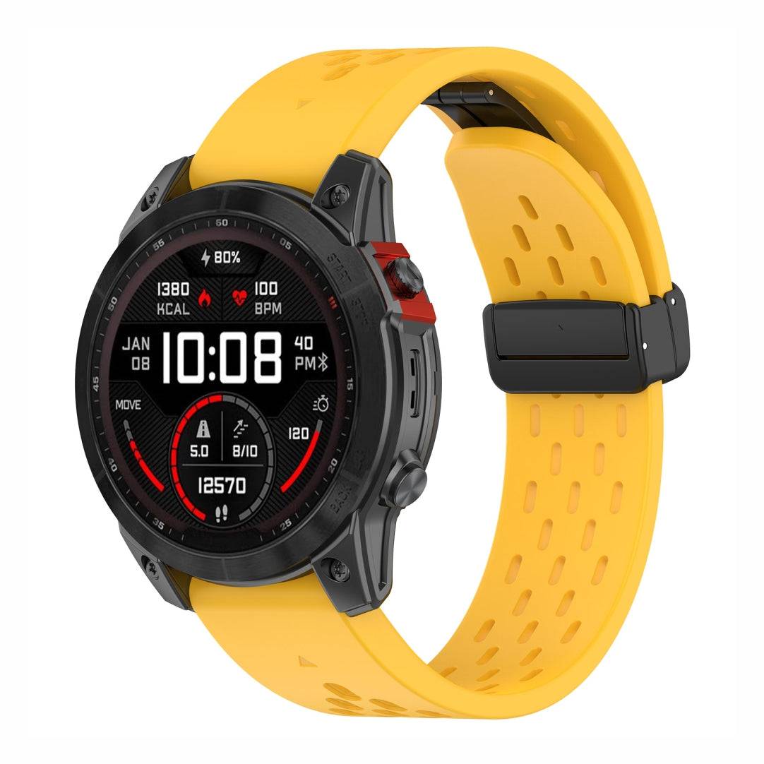 Yellow Sport QuickFit Silicone Strap for GARMIN with breathable holes and durable clasp, perfect for active lifestyles.