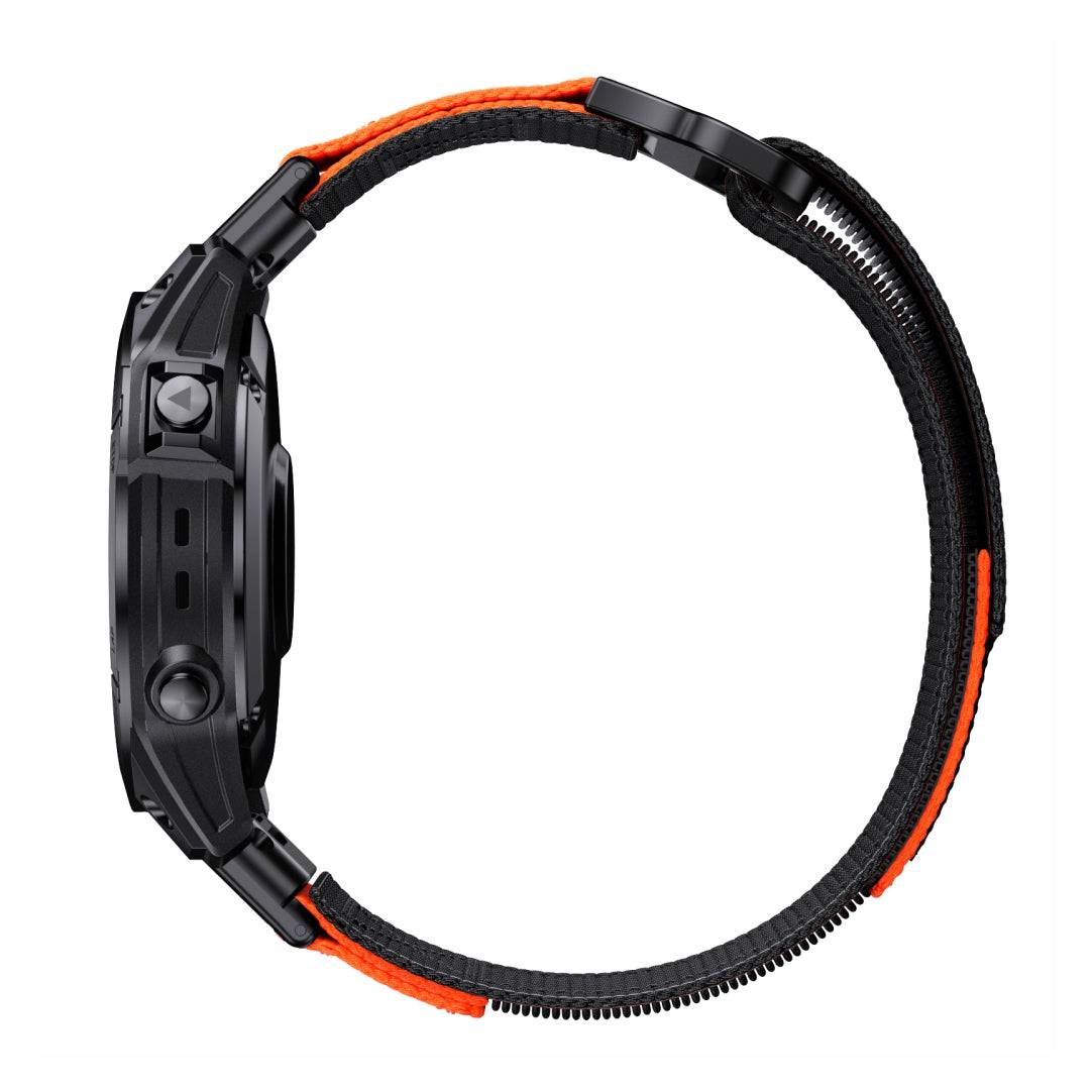 Side view of Tactical QuickFit Strap for GARMIN in black and orange, showing Velcro closure and rugged nylon texture. Built for performance and comfort.