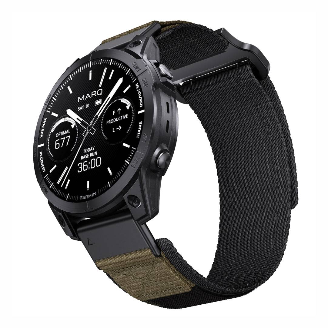 Two-tone Tactical QuickFit Strap for GARMIN in army green and black. Heavy-duty nylon band for 22/26mm Garmin models with secure Velcro fit.