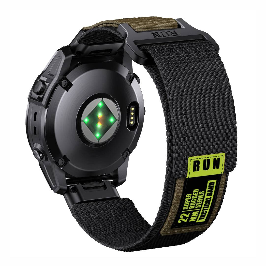 Rear view of Tactical QuickFit Strap for GARMIN in army green and black. Features Velcro closure and rugged nylon for secure fit and durability.