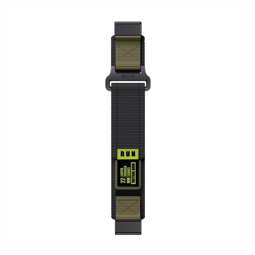 Flat layout of Tactical QuickFit Strap for GARMIN in army green and black. Nylon build with Velcro fastening for rugged outdoor use.