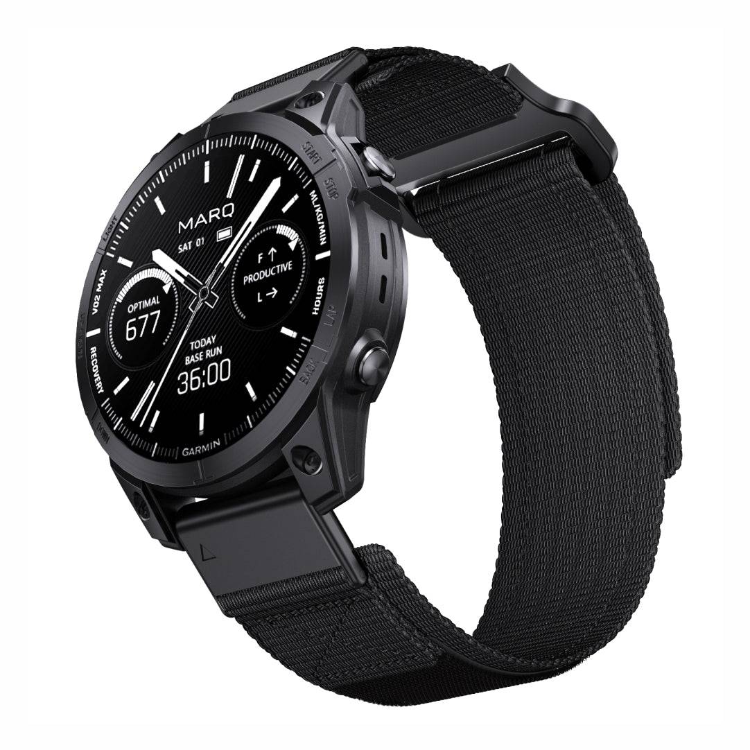 Black Tactical QuickFit Strap for GARMIN with nylon build and Velcro fastening. Secure fit for outdoor and athletic Garmin watch users.