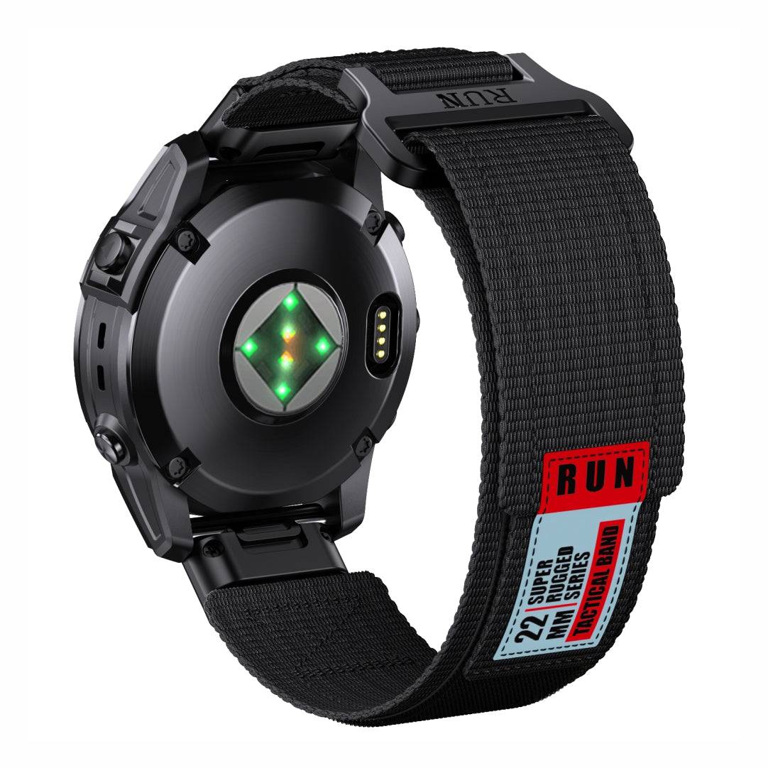 Rear view of Tactical QuickFit Strap for GARMIN in black. Rugged nylon strap with Velcro fastening and red label for 22mm Garmin watches.