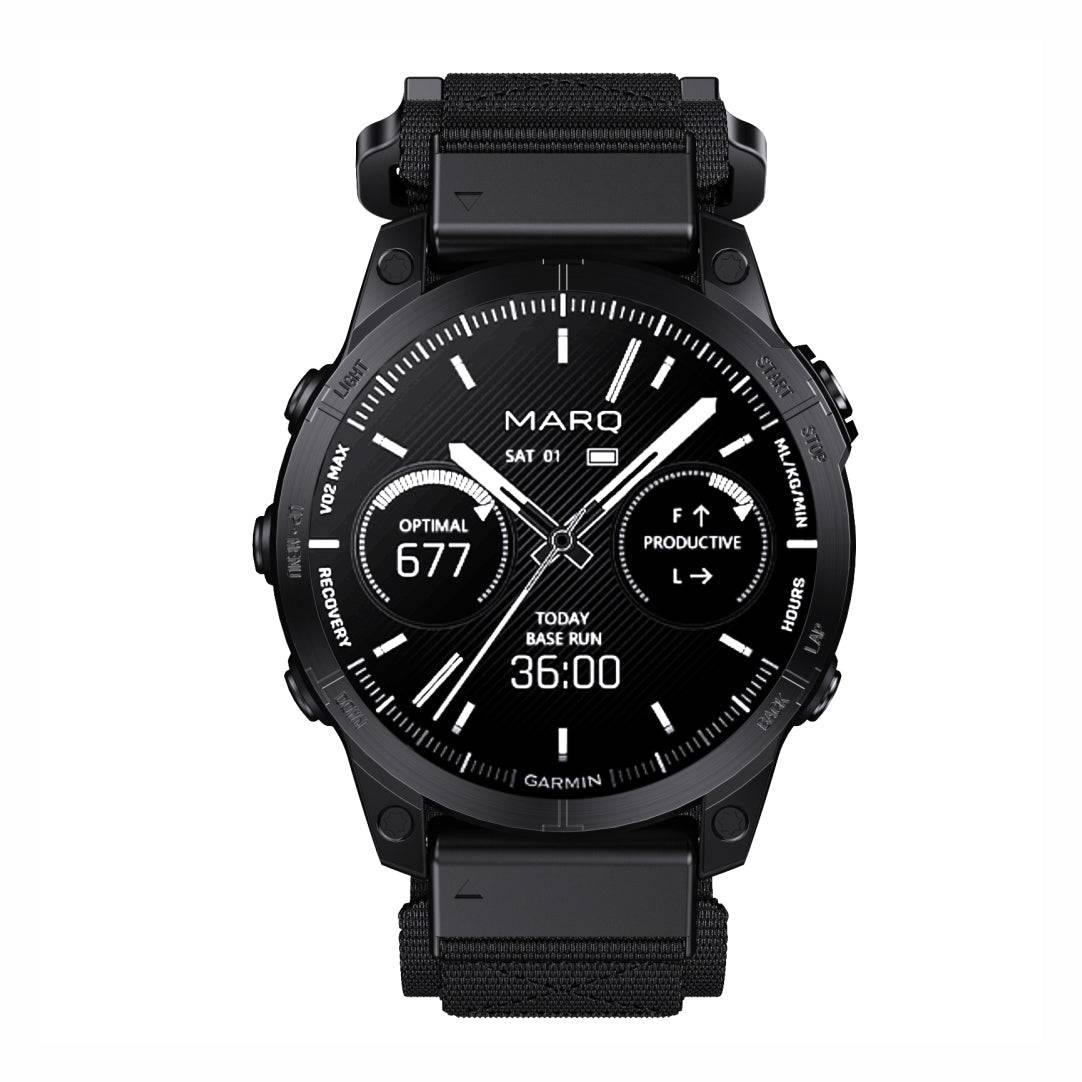 Front view of Garmin watch with Tactical QuickFit Strap in black nylon. Secure Velcro strap for 22/26mm Garmin models.