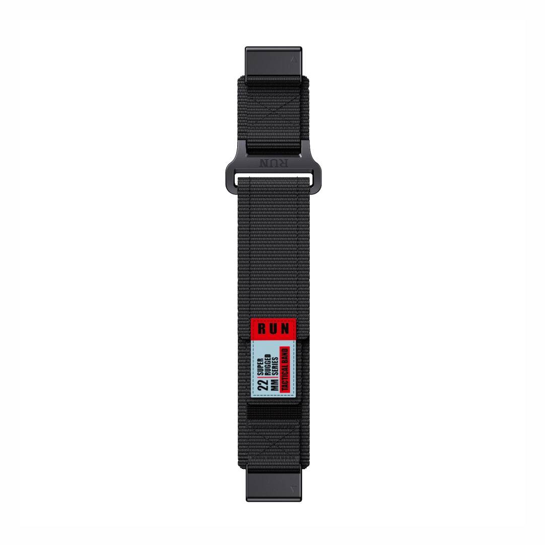 Flat view of Tactical QuickFit Strap for GARMIN in black nylon. Features red label and Velcro fastening for rugged performance.