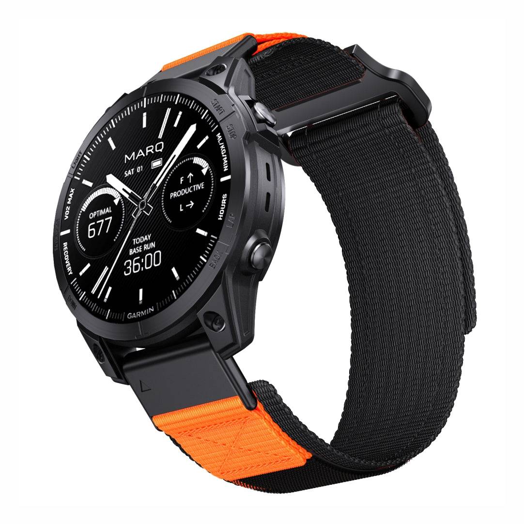 Orange and black Tactical QuickFit Strap for GARMIN with rugged nylon and Velcro fastening. Designed for high-performance outdoor use.