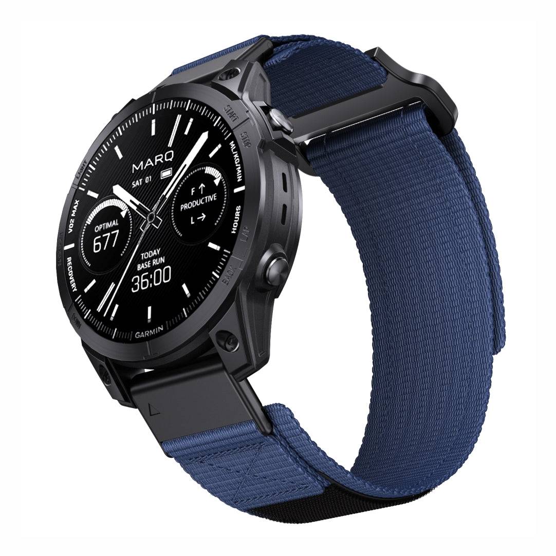 Blue Tactical QuickFit Strap for GARMIN made from durable nylon with Velcro fastening. Designed for 22/26mm Garmin watches and active lifestyles.