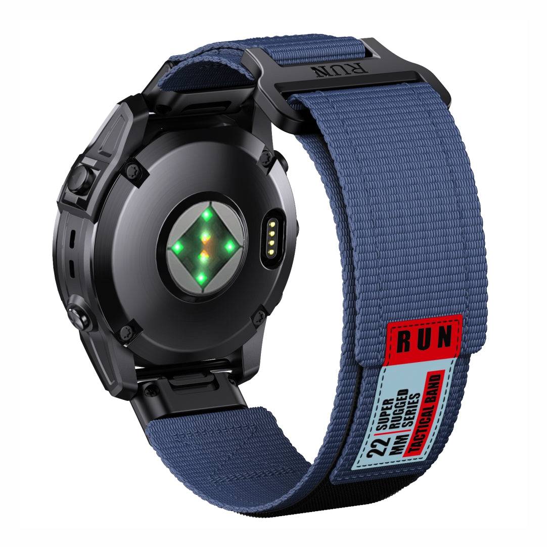 Rear view of Tactical QuickFit Strap for GARMIN in blue nylon. Rugged Velcro strap with red label for 22mm Garmin watches.