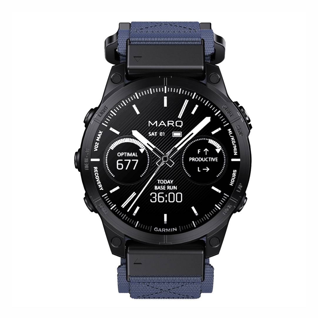 Front view of Garmin watch with Tactical QuickFit Strap in blue. Durable nylon strap with Velcro fastening for outdoor use.