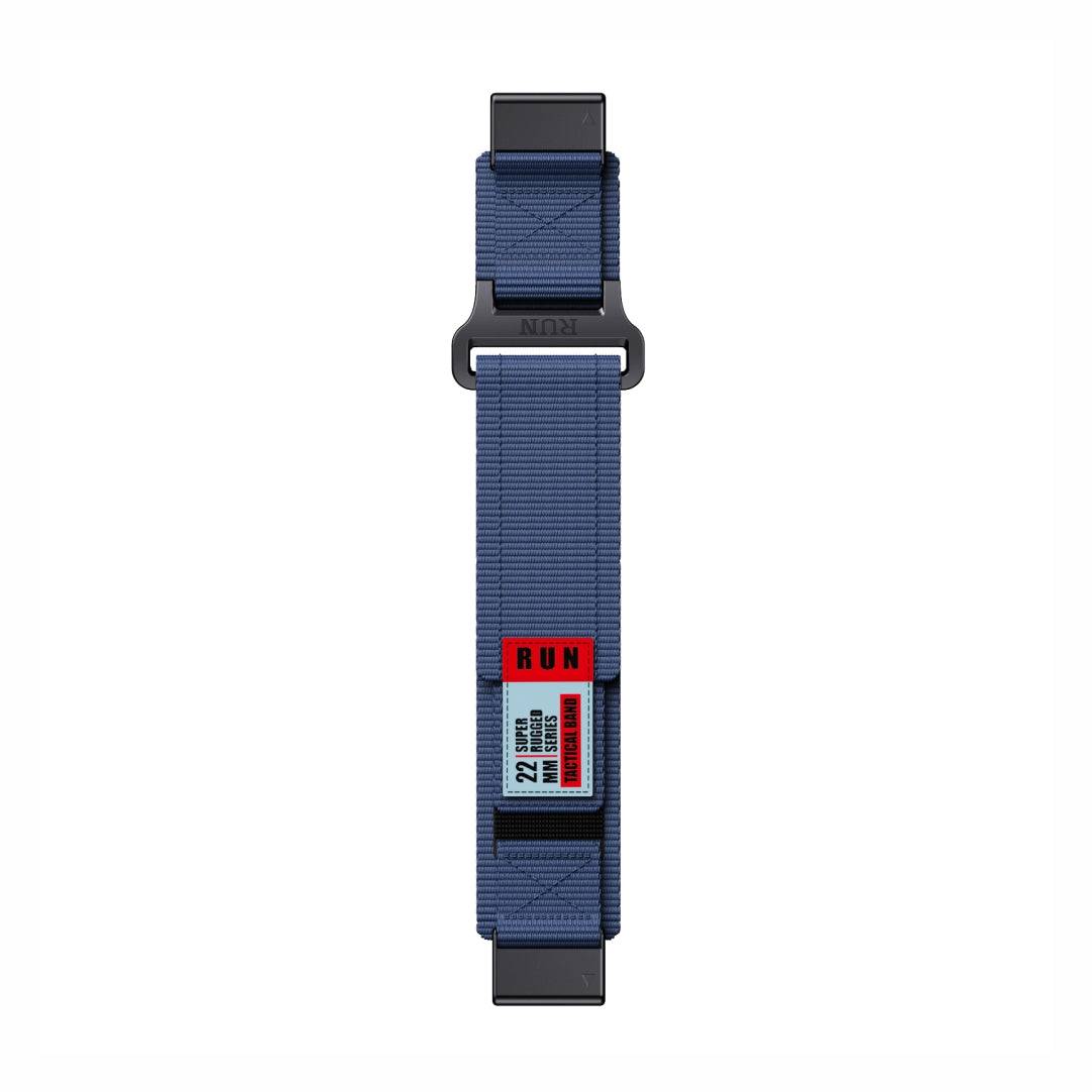 Flat view of Tactical QuickFit Strap for GARMIN in blue. Rugged nylon with Velcro closure and red label for 22mm Garmin models.