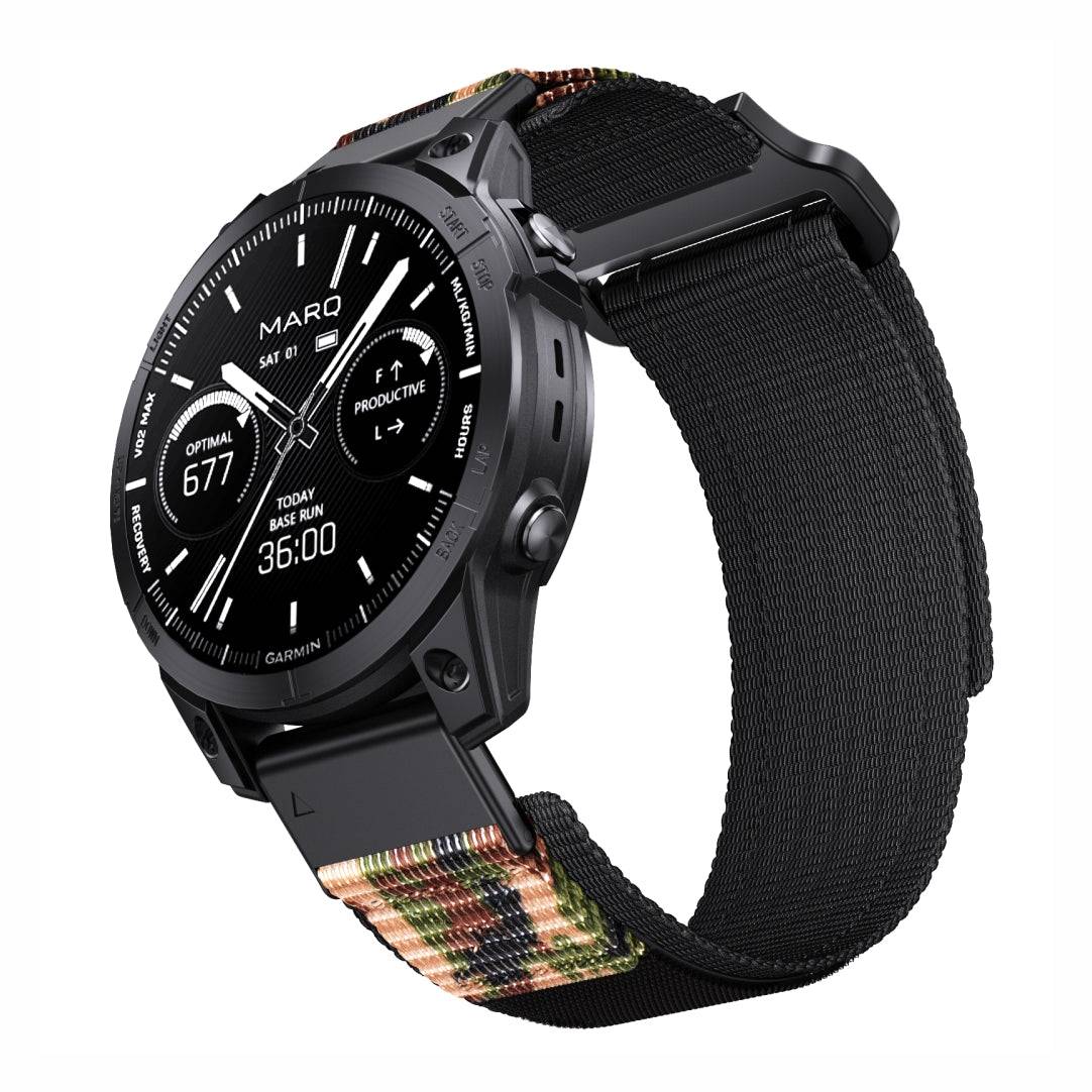 Camo and black Tactical QuickFit Strap for GARMIN with rugged nylon and Velcro closure. Built for tactical and outdoor Garmin watch users.