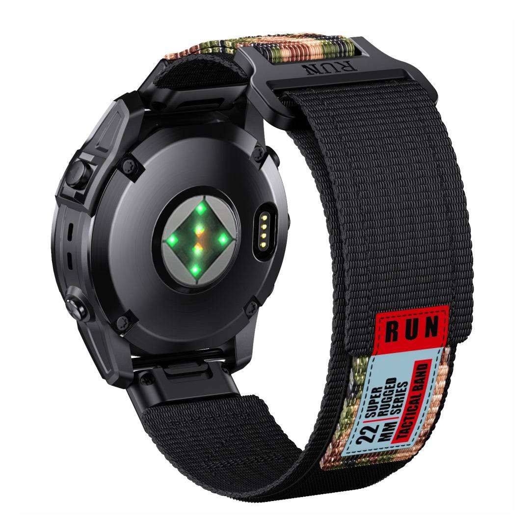Rear view of Tactical QuickFit Strap for GARMIN in camo and black. Rugged nylon with Velcro fastening and red label for 22mm Garmin watches.