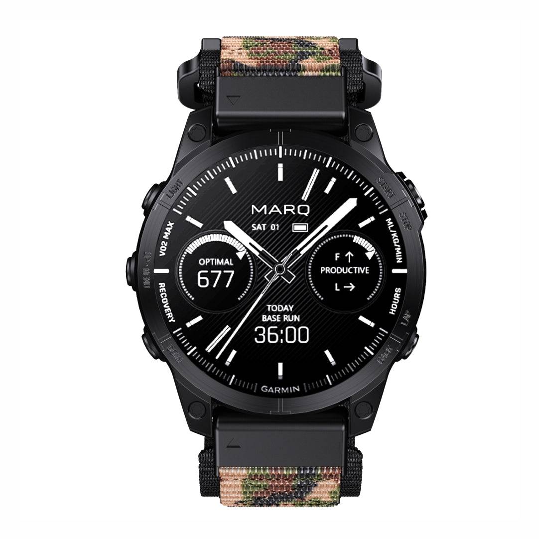 Front view of Garmin watch with Tactical QuickFit Strap in camo. Durable nylon strap with Velcro for tactical and outdoor use.