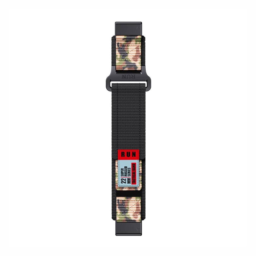 Flat view of Tactical QuickFit Strap for GARMIN in camo and black. Rugged nylon with red label and Velcro fastening.