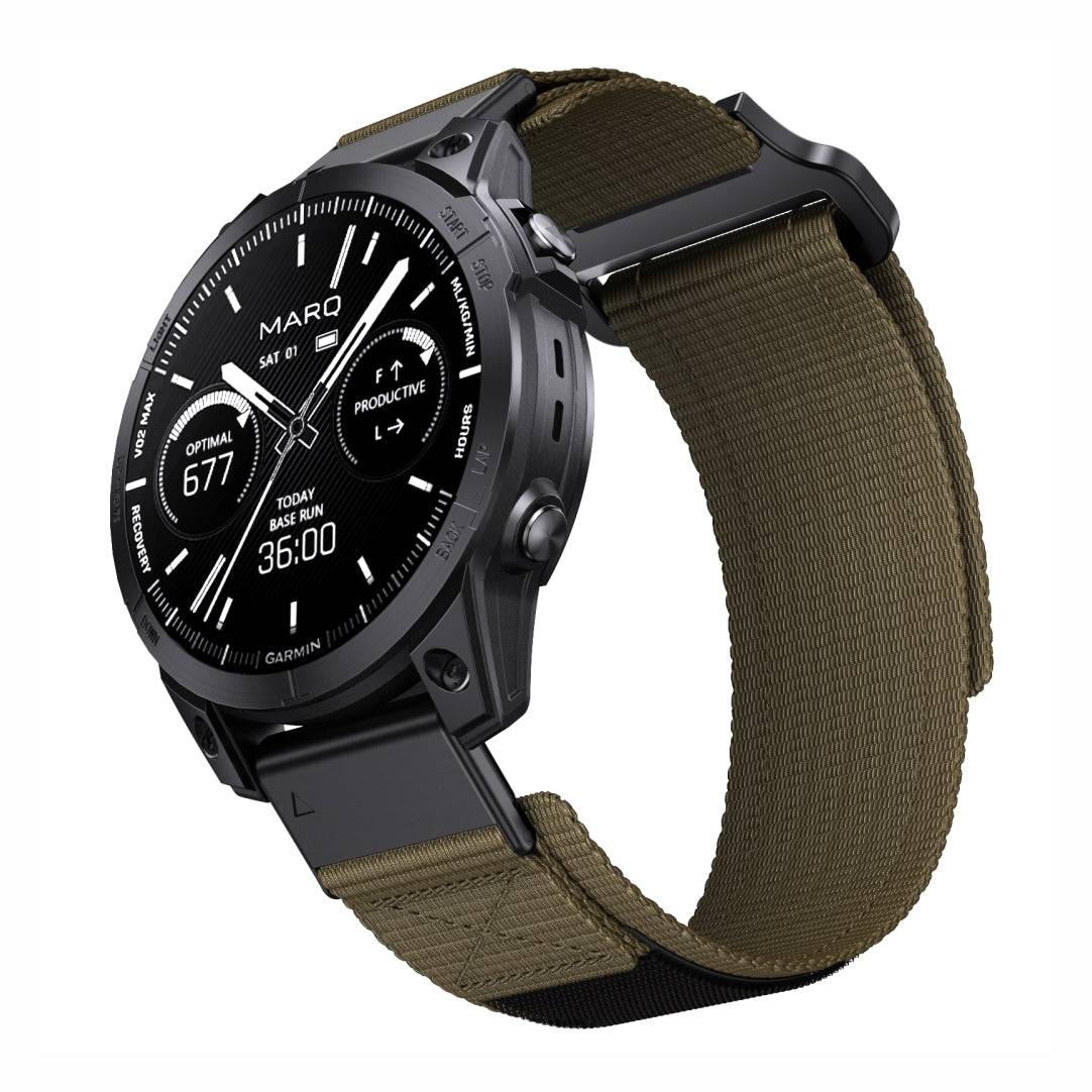 Army green Tactical QuickFit Strap for GARMIN with rugged nylon material. Designed for 22/26mm Garmin watches and outdoor durability.