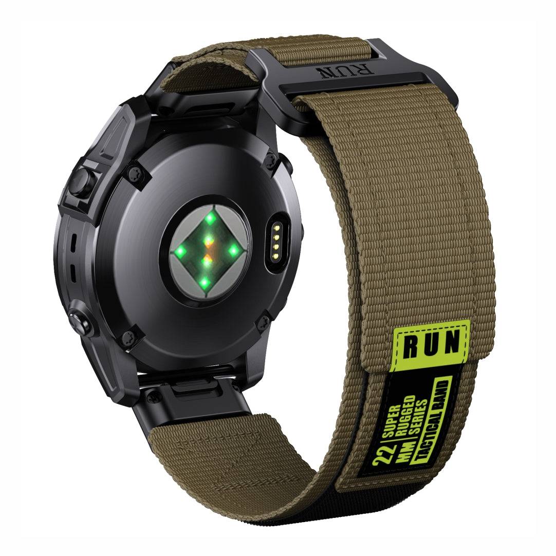 Rear view of Tactical QuickFit Strap for GARMIN in army green. Rugged nylon with Velcro fastening and neon label for 22mm Garmin watches.