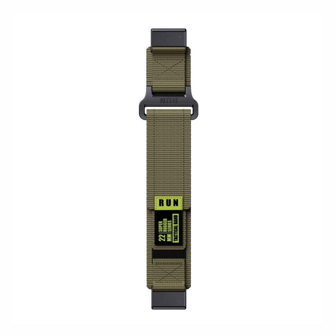 Flat view of Tactical QuickFit Strap for GARMIN in army green. Rugged nylon with neon label and Velcro fastening for 22mm Garmin models.