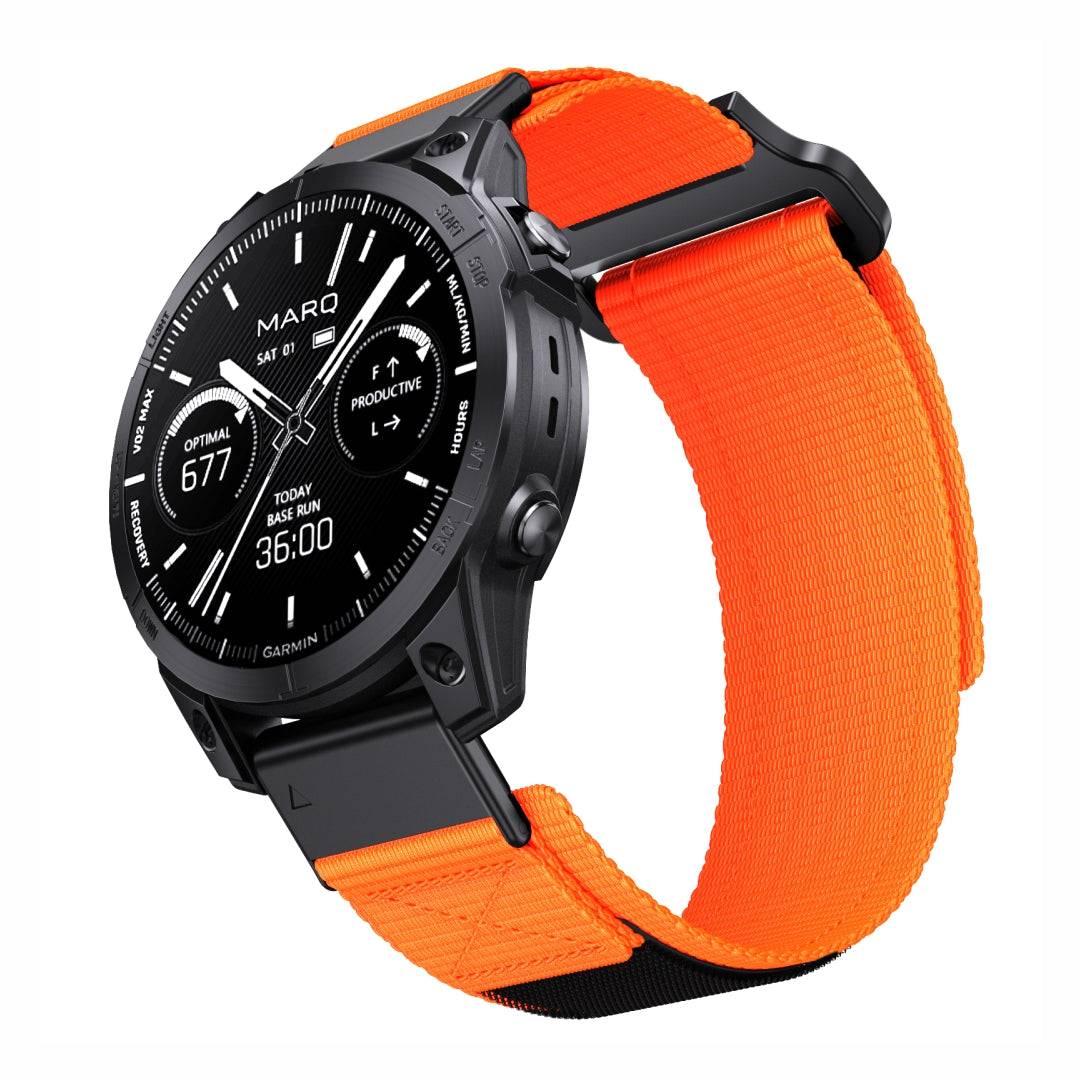Bright orange Tactical QuickFit Strap for GARMIN with high-visibility nylon and secure Velcro. Ideal for outdoor sports and rugged use.