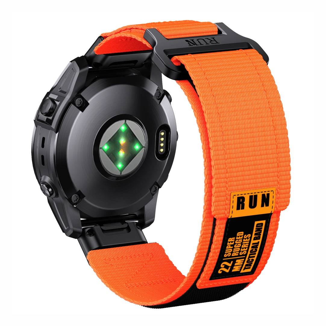 Rear view of Tactical QuickFit Strap for GARMIN in bright orange. Rugged nylon with Velcro fastening and black label for 22mm watches.
