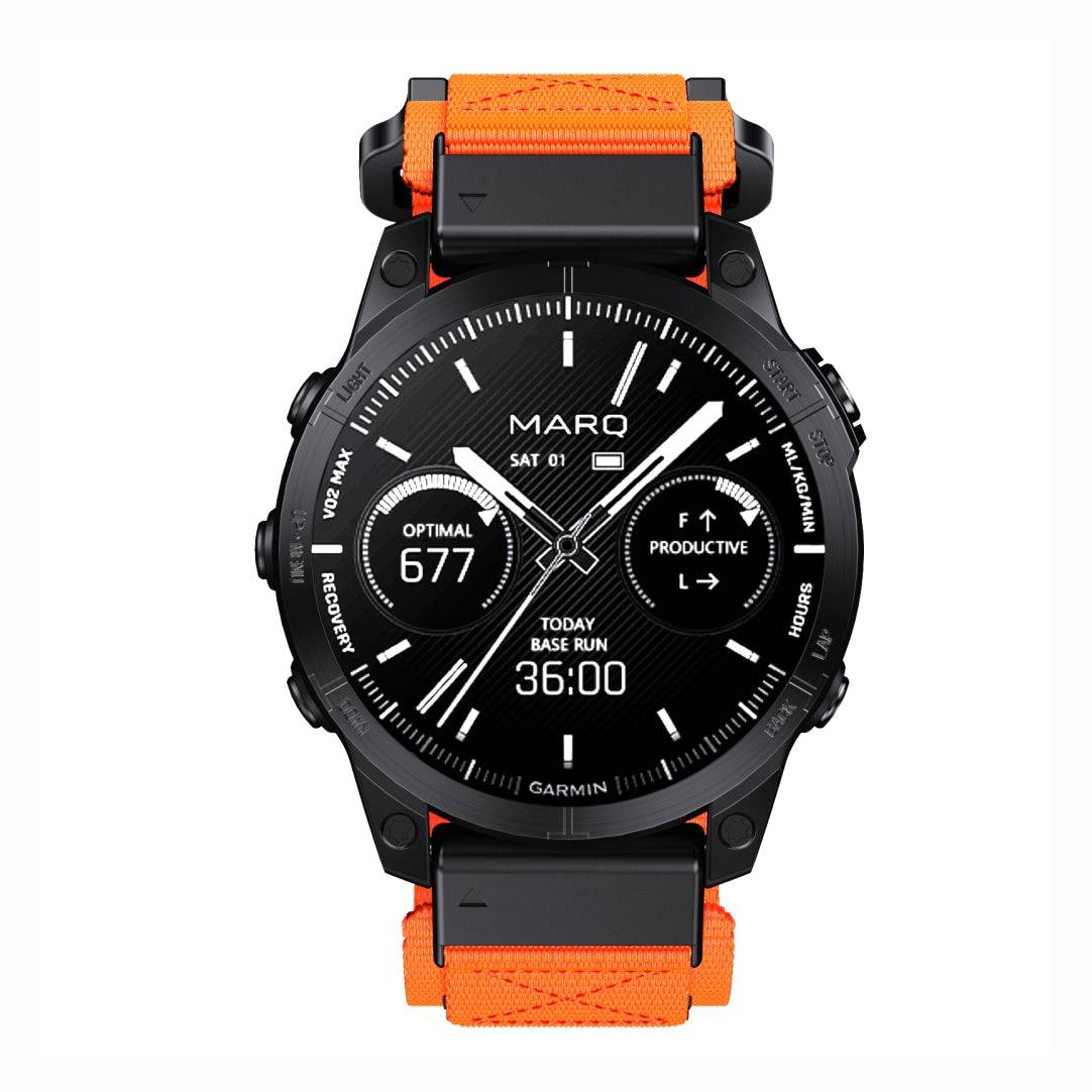 Front view of Garmin watch with Tactical QuickFit Strap in orange. Durable nylon strap with Velcro for high-visibility outdoor use.