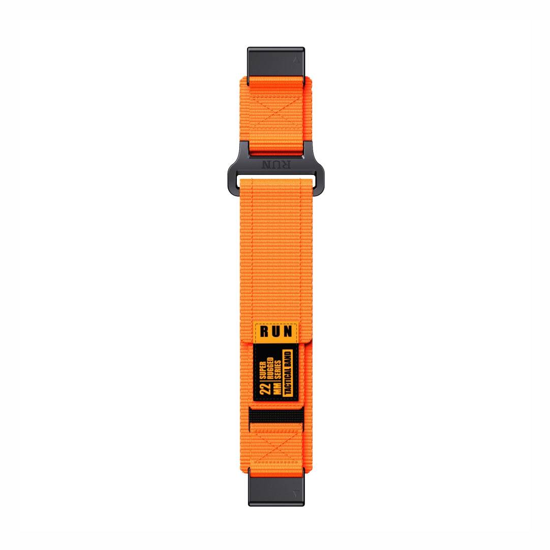 Flat view of Tactical QuickFit Strap for GARMIN in orange. Rugged nylon with black label and Velcro fastening for 22mm Garmin models.