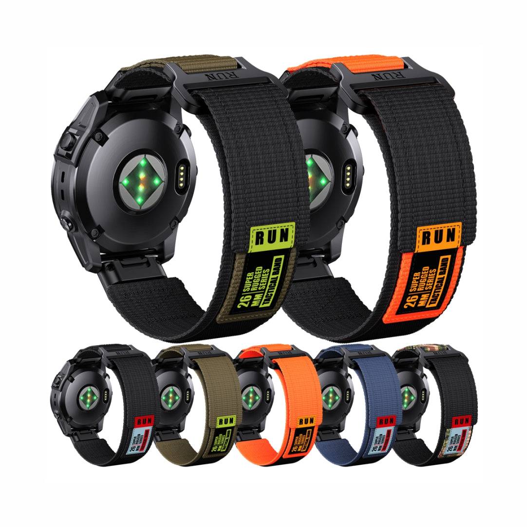 Assorted Tactical QuickFit Straps for GARMIN in multiple colors including army green, orange, and blue. Durable nylon bands for 22/26mm Garmin models.