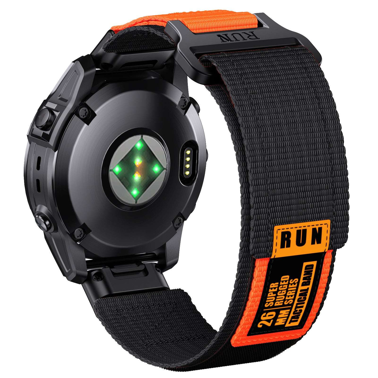 Rear view of Tactical QuickFit Strap for GARMIN in black and orange. Rugged nylon with Velcro fastening and orange label for 26mm Garmin watches.