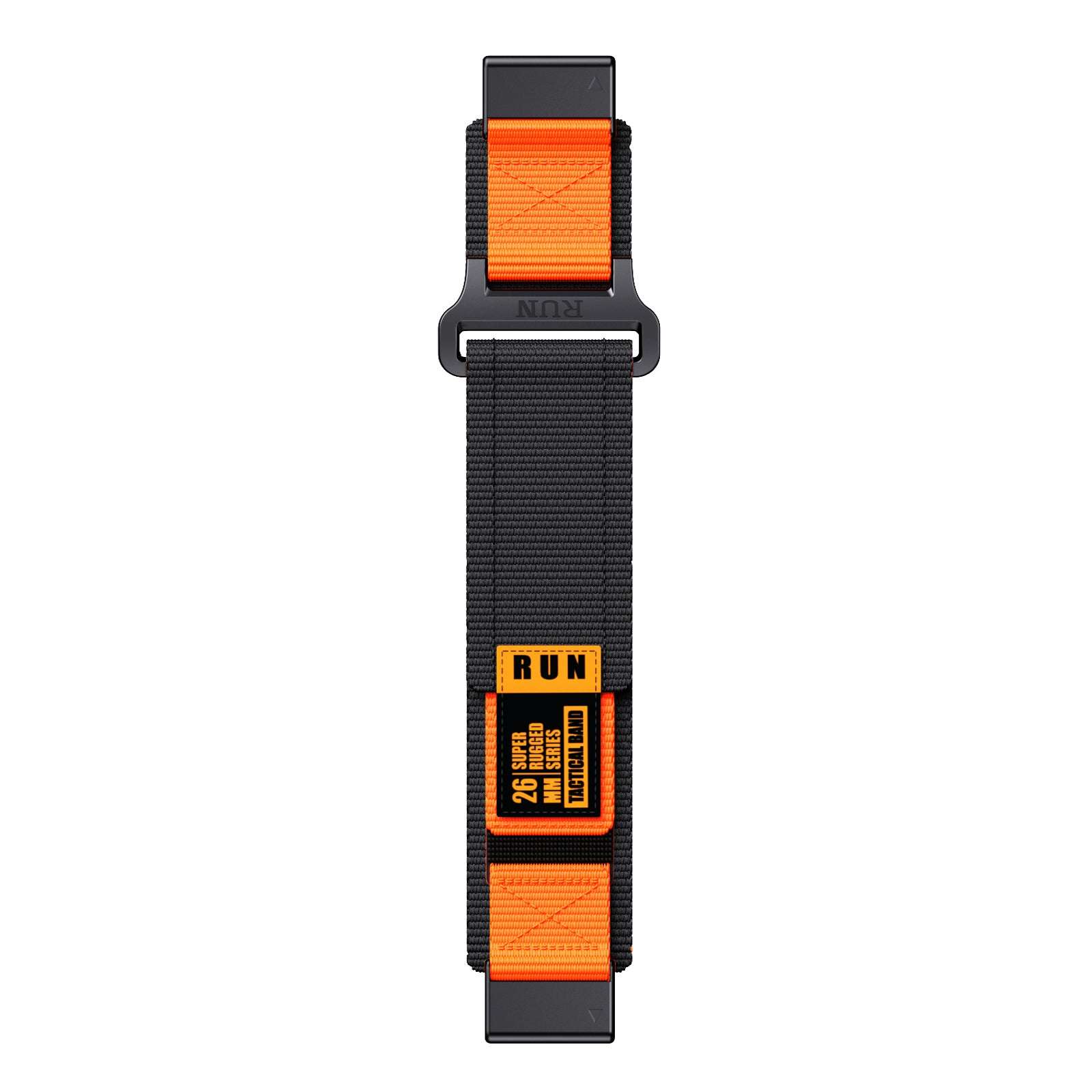 Flat view of Tactical QuickFit Strap for GARMIN in black and orange. Durable nylon with Velcro closure and orange label for 26mm models.