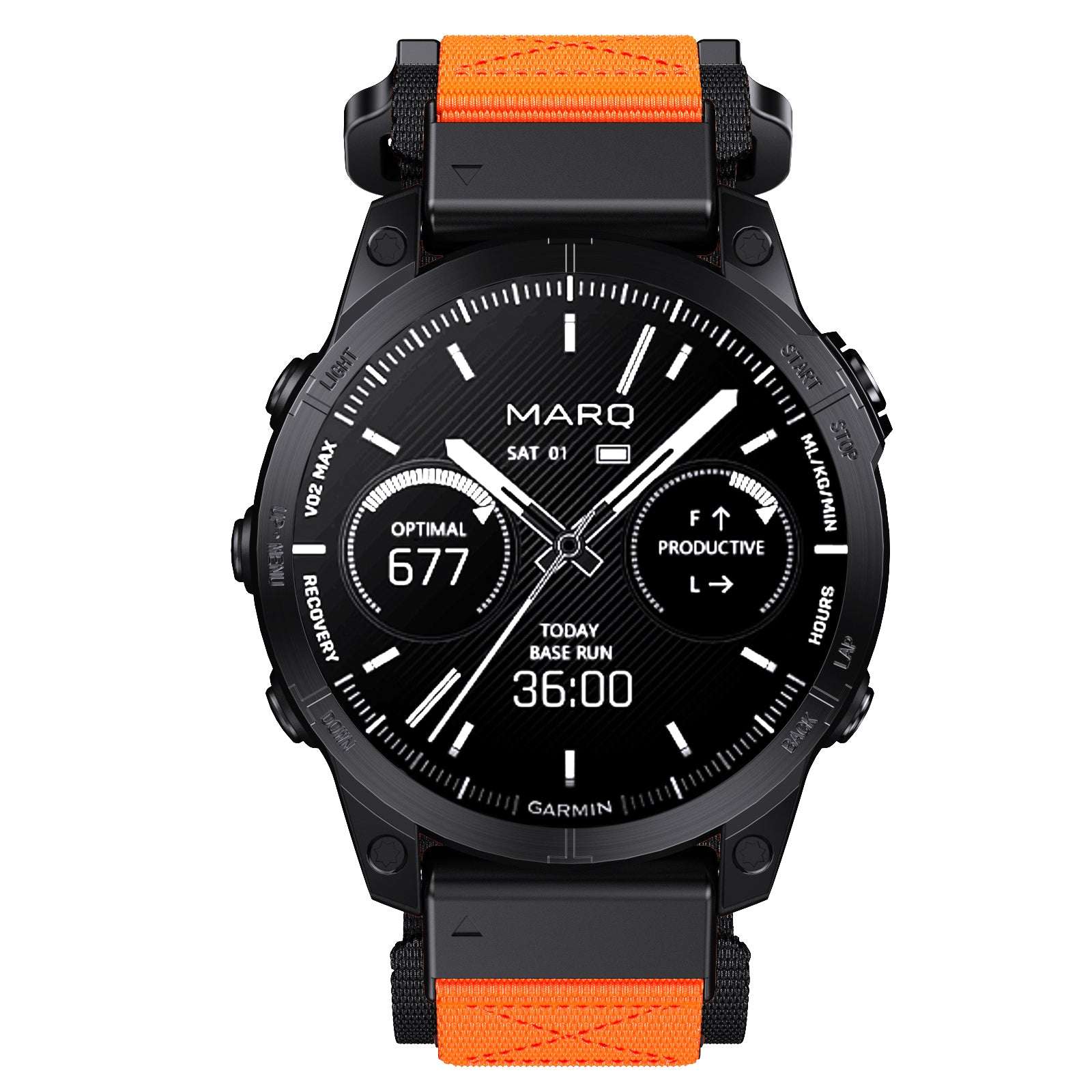 Front view of Garmin watch with Tactical QuickFit Strap in orange and black. Rugged nylon strap with Velcro fastening for 26mm Garmin watches.
