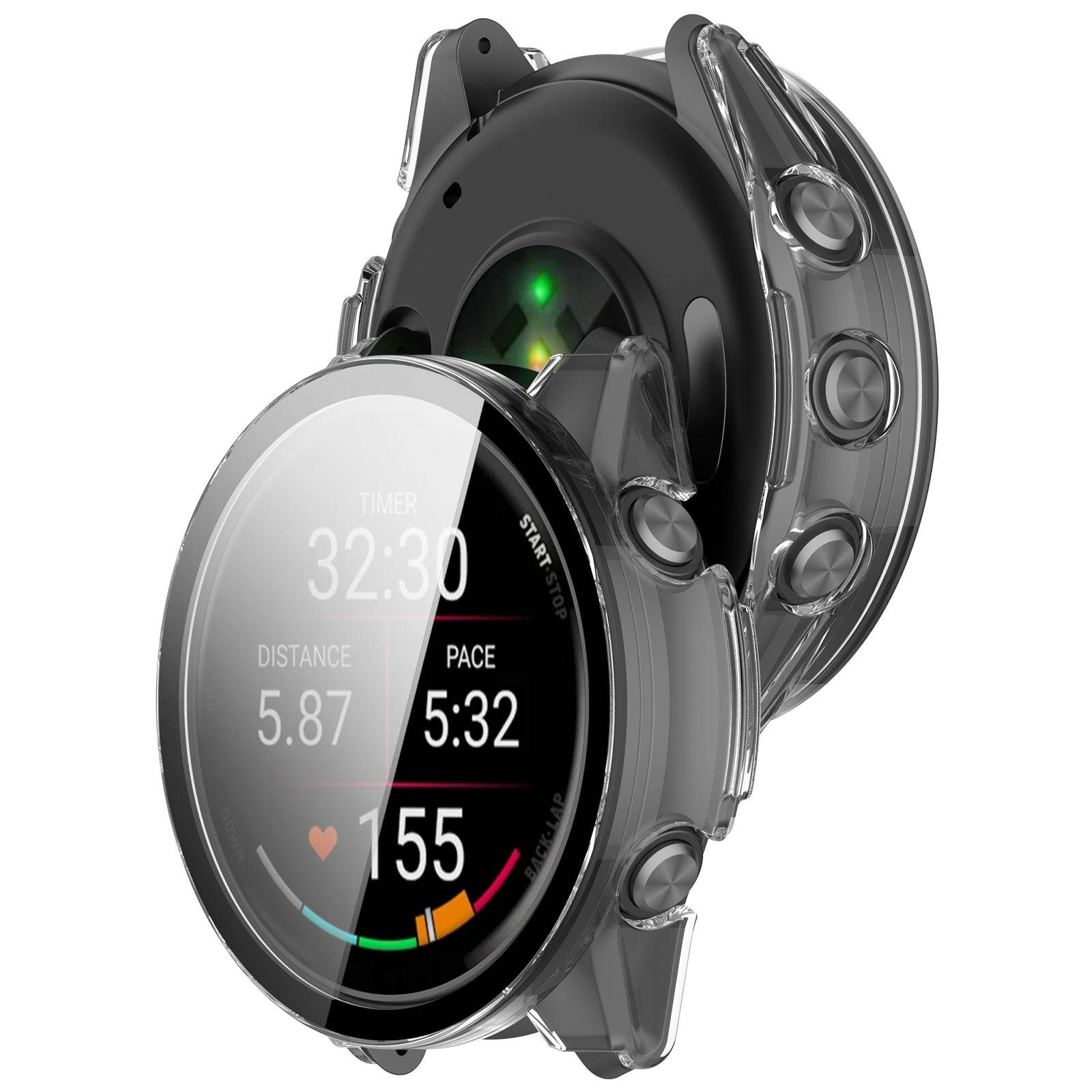 Back and front view of Garmin Forerunner 970 with PC Protective Case installed, showing full device protection and sensor accessibility.