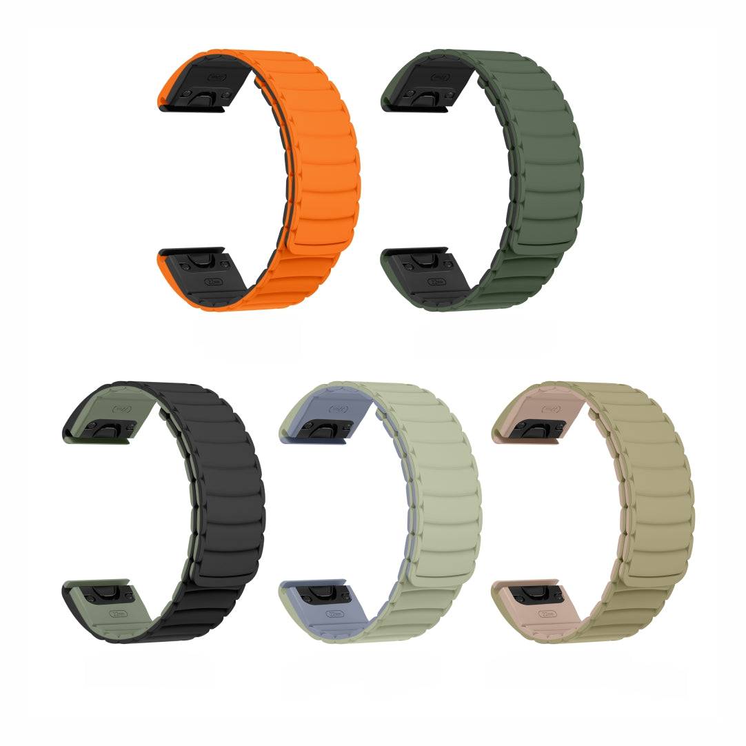 Shell QuickFit Magnetic Silicone Strap for GARMIN in five color options—orange, green, black, beige, and khaki—ideal for 22mm or 26mm Garmin watches.