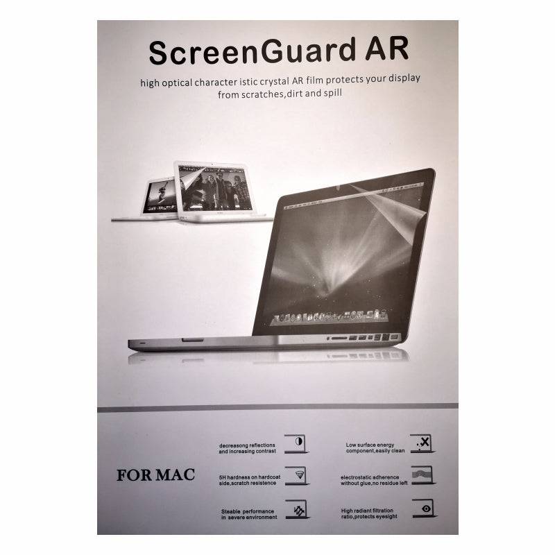 Close-up of Anti-Glare AR Screen Protector packaging for MacBook, detailing features like scratch resistance, anti-reflection, and spill protection.