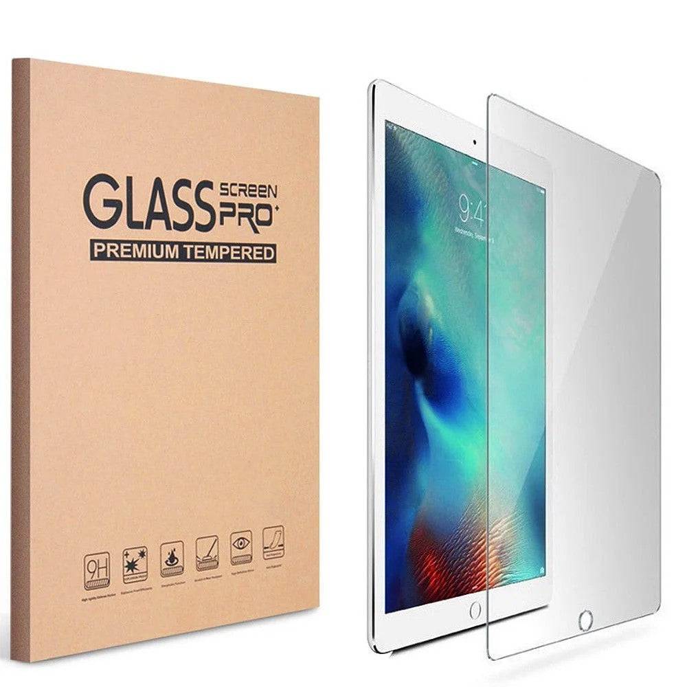 Tempered Glass Screen Protector for iPad shown with packaging and installed on a white iPad, providing edge-to-edge protection and high transparency.