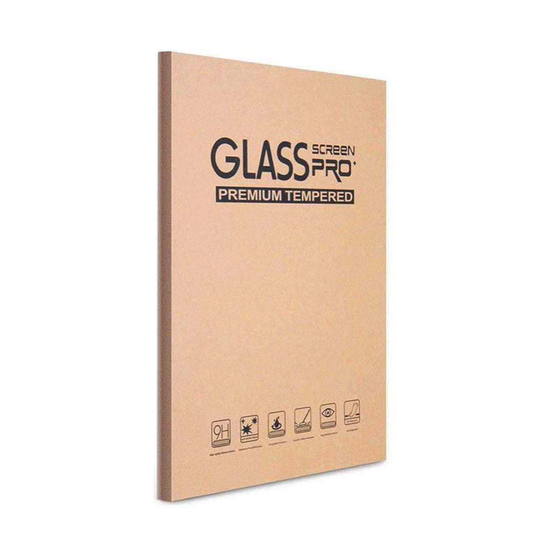Premium tempered glass screen protector packaging for iPad, labeled with 9H hardness, anti-scratch, and shatterproof features.