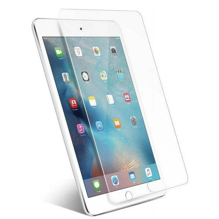 Clear tempered glass screen protector aligned on a white iPad, showcasing anti-scratch and shatter-resistant features for optimal screen protection.