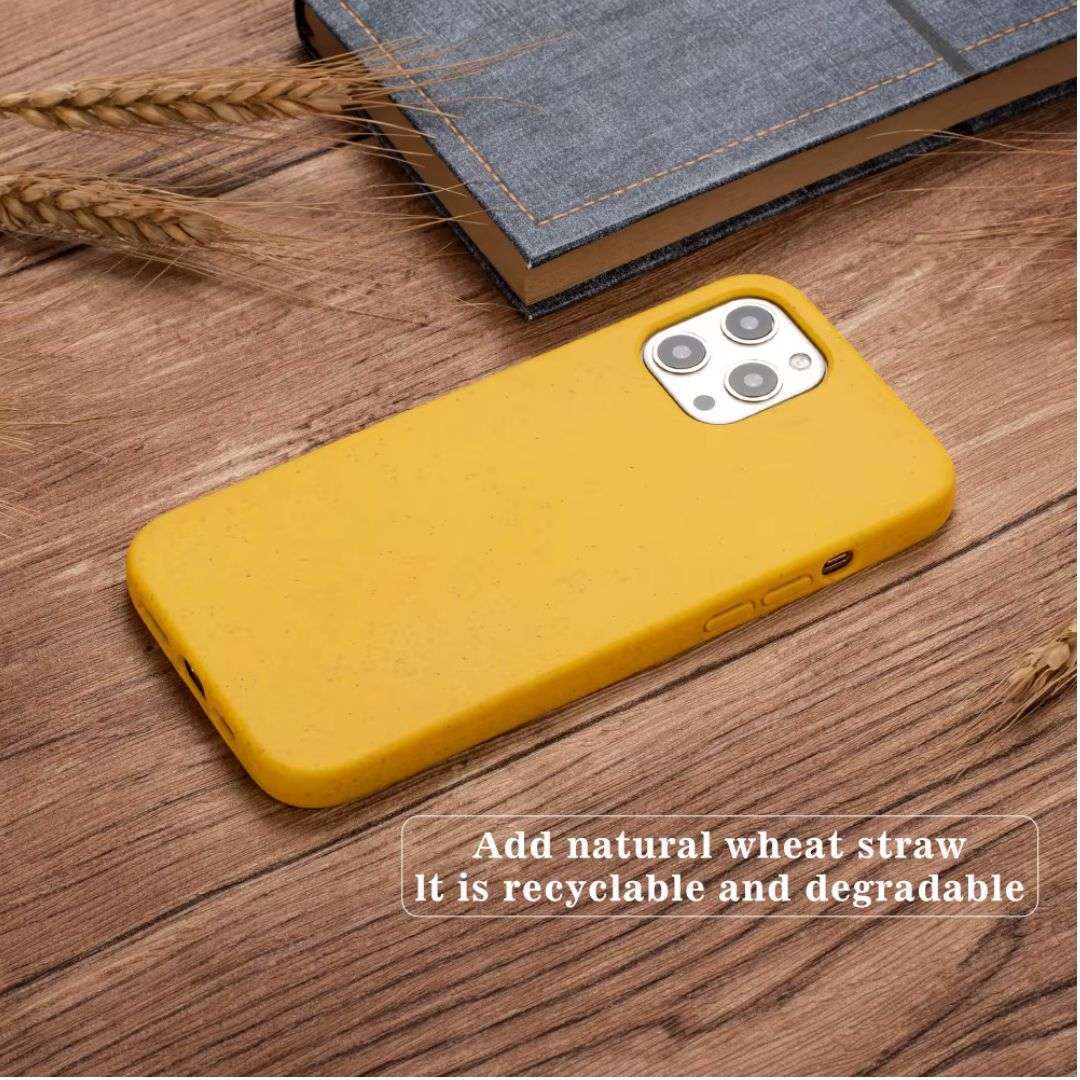 Yellow Eco-Friendly Slimline iPhone Case with wheat straw texture, emphasizing its recyclable and biodegradable features.