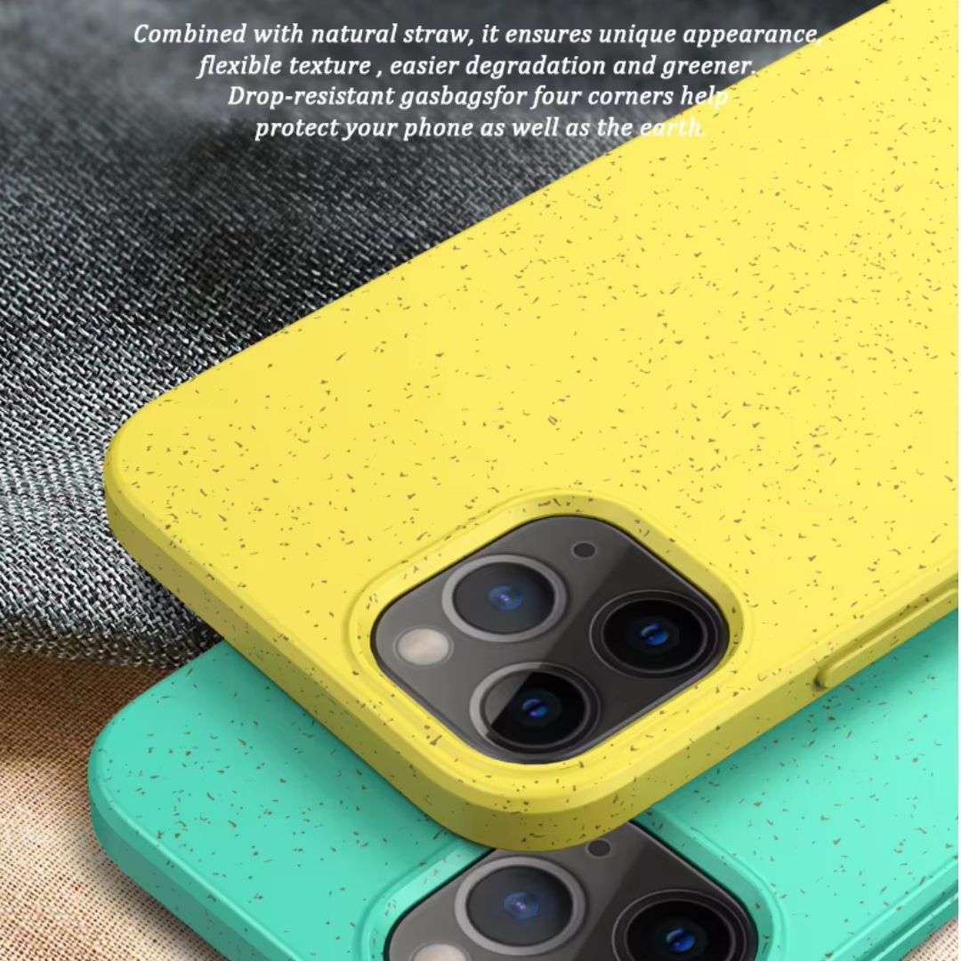 Yellow and green Eco-Friendly Slimline iPhone Cases with natural straw texture, highlighting drop-resistant corners and eco-friendly design.