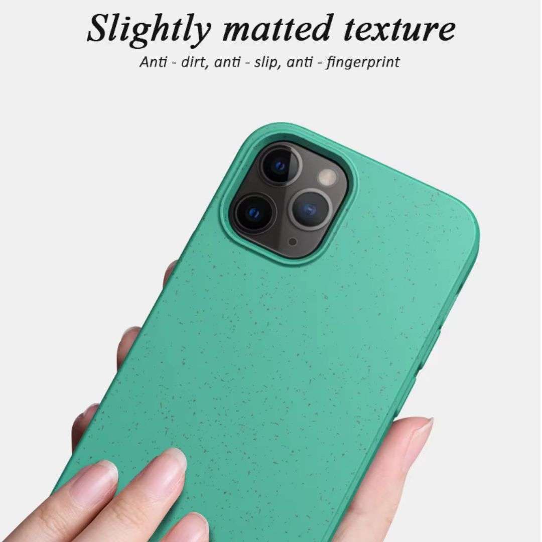 Green Eco-Friendly Slimline iPhone Case with slightly matted texture, offering anti-slip, anti-dirt, and anti-fingerprint properties.