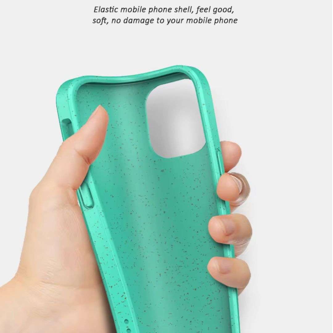 Flexible green Eco-Friendly Slimline iPhone Case held in hand, showing soft, elastic build for shock protection and comfort.