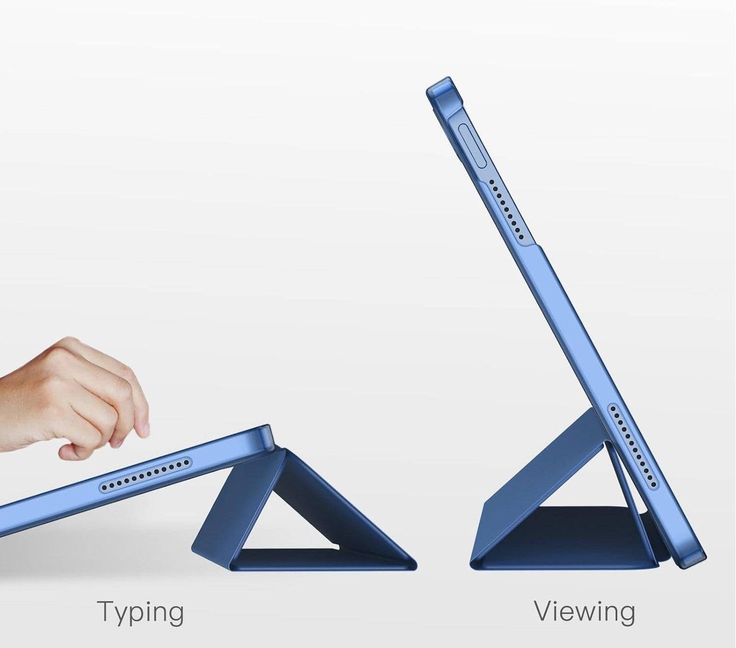 Protective smart flip cover for iPad in blue, showcasing dual functionality for typing and viewing. Slim design with auto wake/sleep feature.