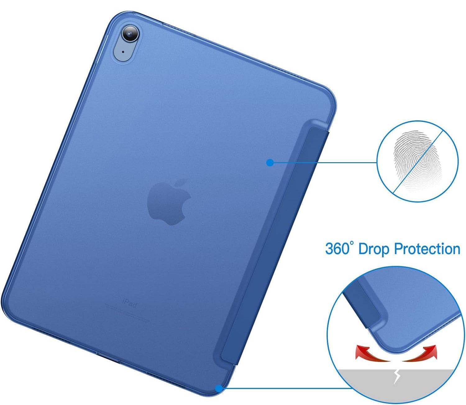 Protective smart flip cover for iPad in blue, featuring 360-degree drop protection and fingerprint-resistant material. Slim design enhances durability and style.