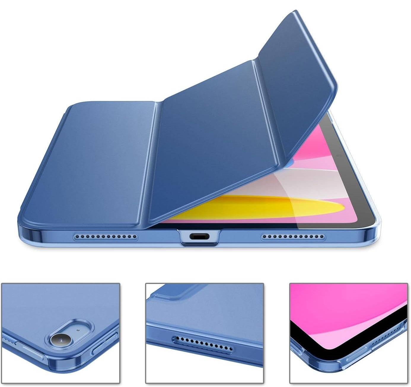Protective smart flip cover for iPad in blue, featuring a slim design with auto wake/sleep functionality. Provides full protection with precise cutouts.