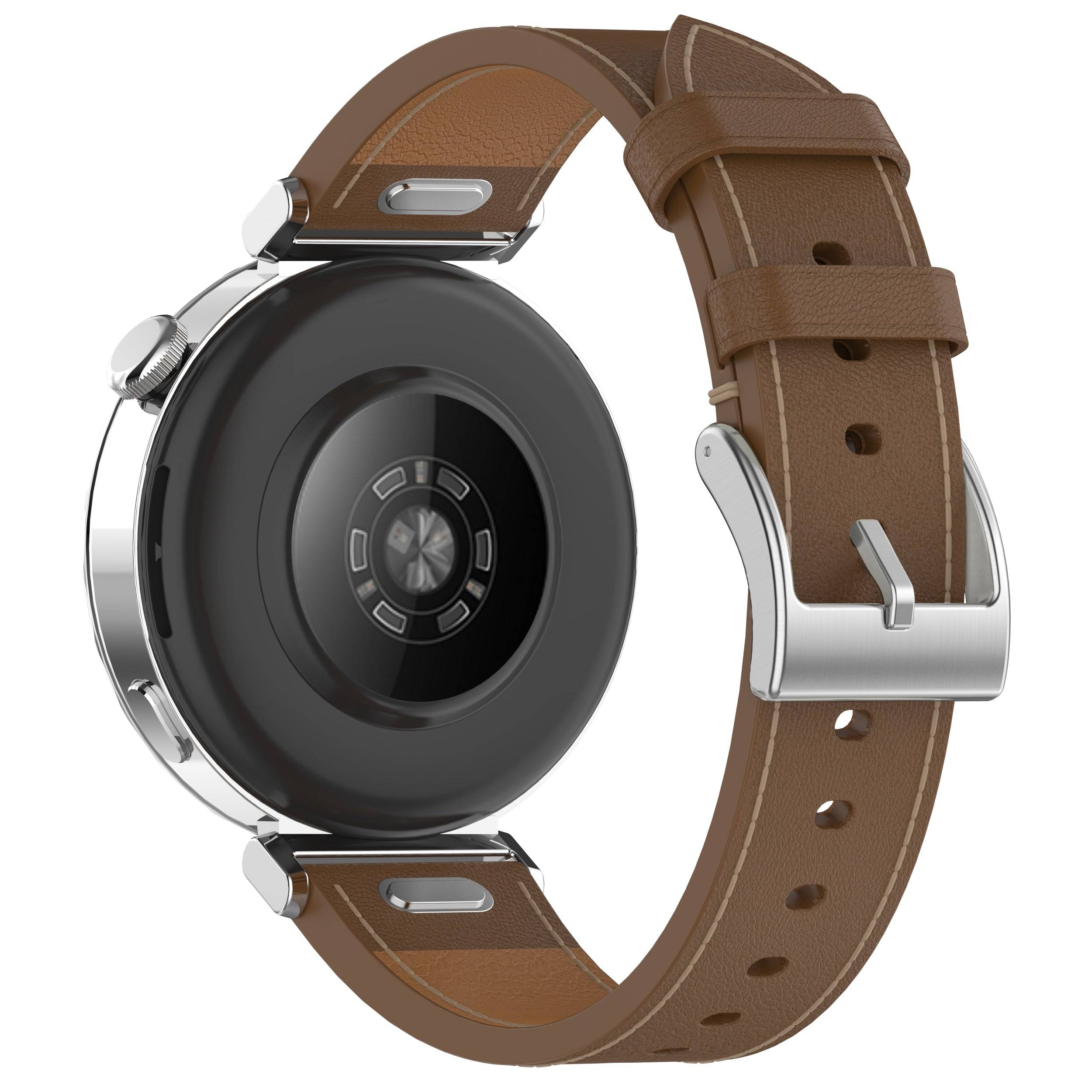 Back view of Garmin watch with Zoodle leather strap in brown, highlighting breathable design and quick-fit connector for 20/22mm compatibility.