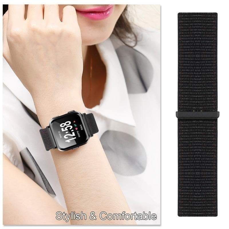 Nylon Loop Sports Strap for Fitbit Versa - Black - Zoodle Fitbit Straps