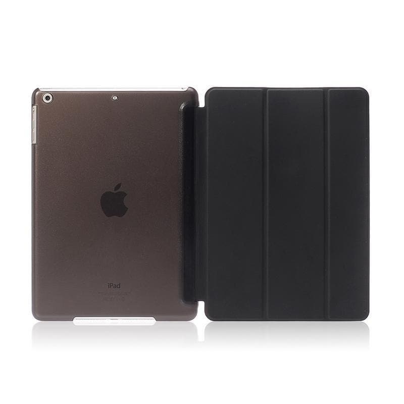 Protective smart flip cover for iPad with a sleek black design. Features auto wake/sleep functionality and a slim, durable build for optimal protection.