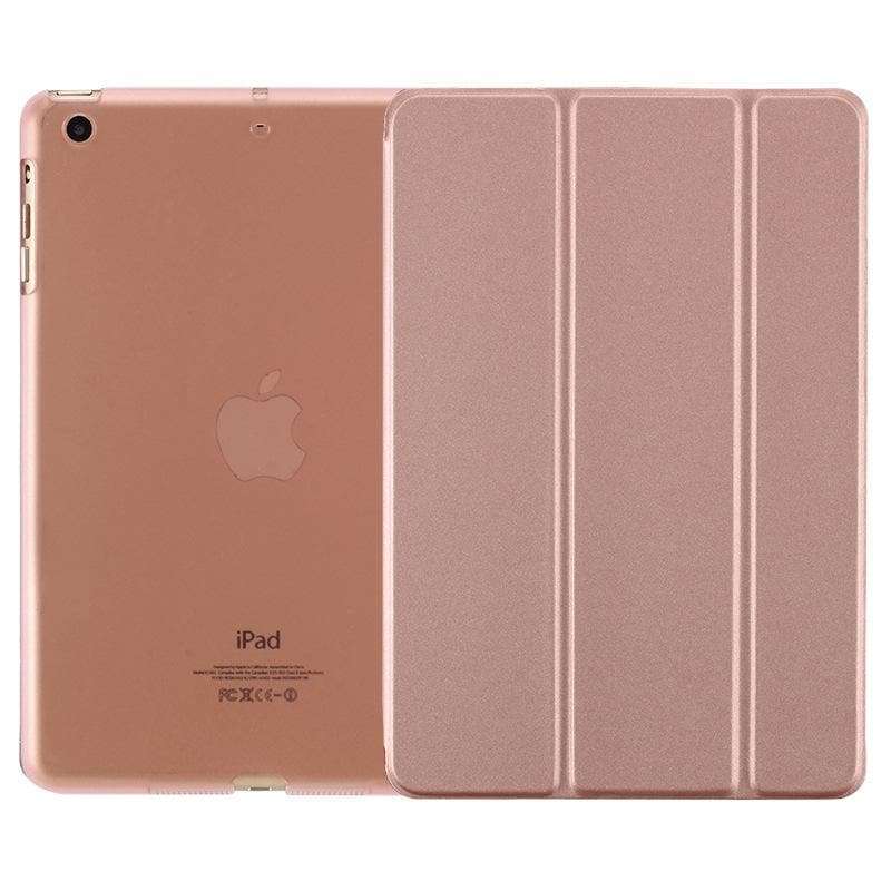 Protective smart flip cover for iPad in rose gold color with a slim design. Features auto wake/sleep function and durable protection for your tablet.