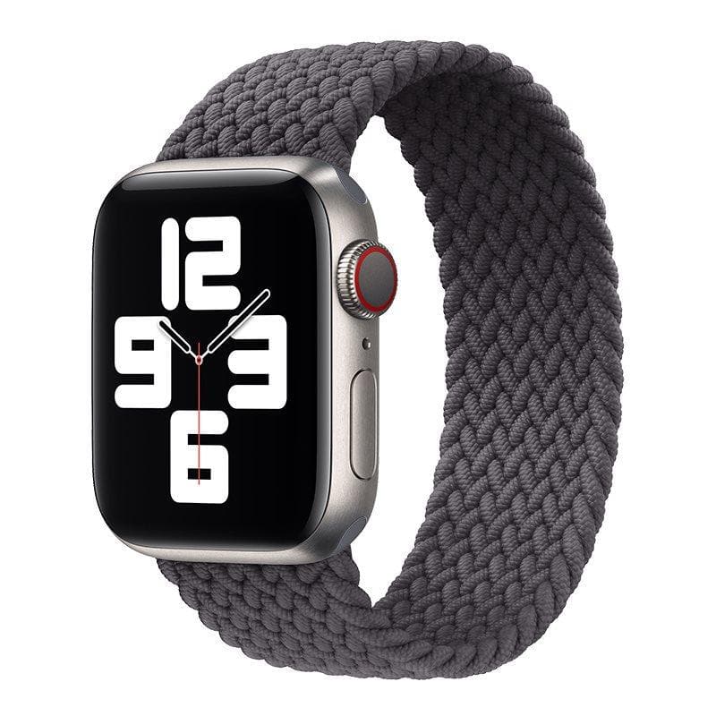 Dark gray Braided Solo Loop Band for Apple Watch, offering a sleek, stretchable fit with a soft, breathable nylon weave for daily wear.