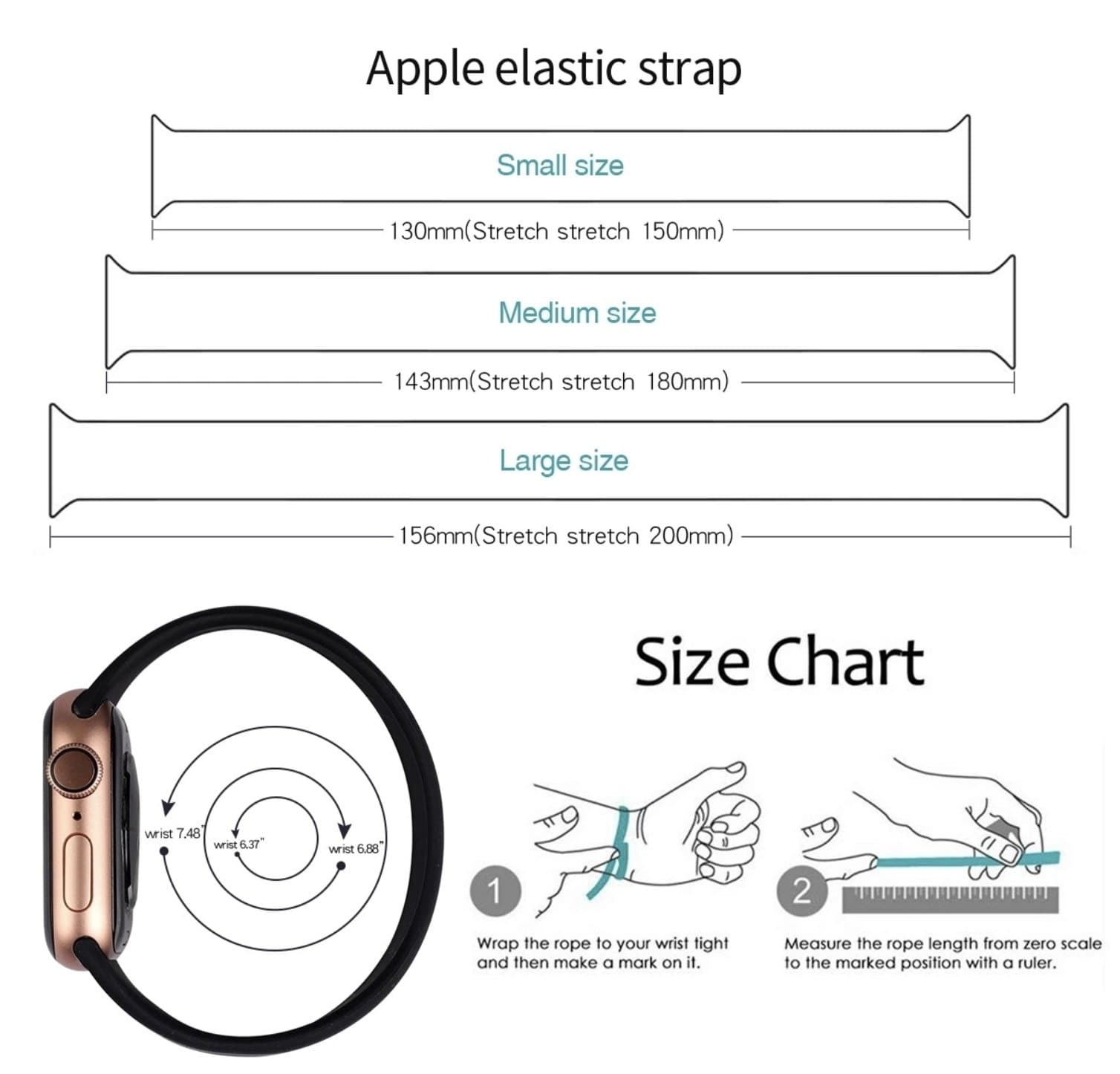 Apple Watch braided solo loop size chart showing small, medium, and large stretch lengths with wrist measurement guide for accurate fit.