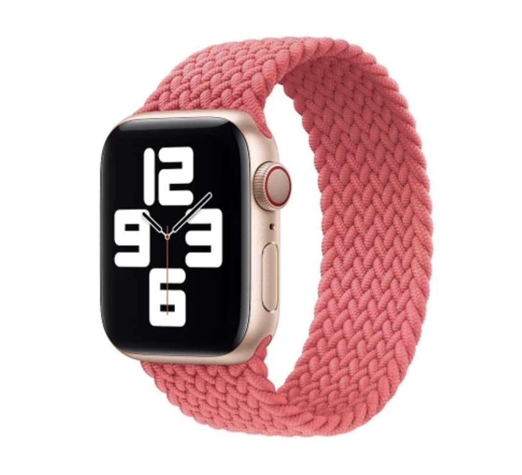 Braided Solo Loop Band for Apple Watch in coral pink, showcasing a seamless, stretchable nylon design for a snug and stylish fit.